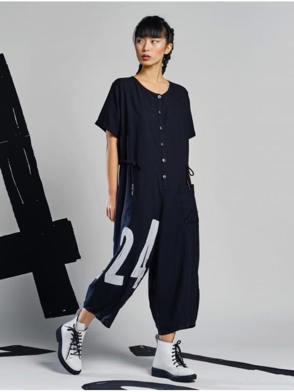 Lurdes Bergada Black Oversized Number Print Jumpsuit Drawstring Cropped Leg